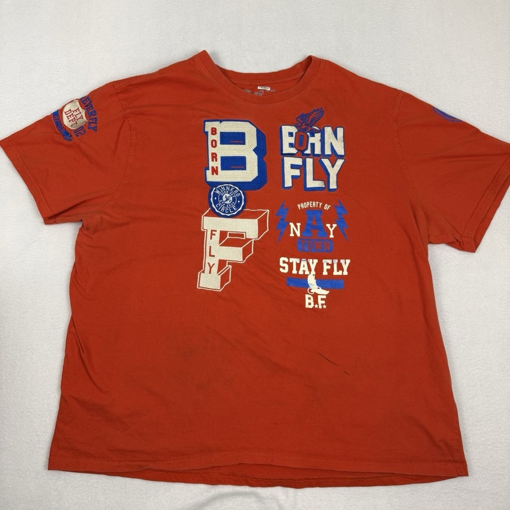 Born Fly Stay Fly Shirt Mens Size 4XL Orange Embroidered Patch Big & Tall Tee